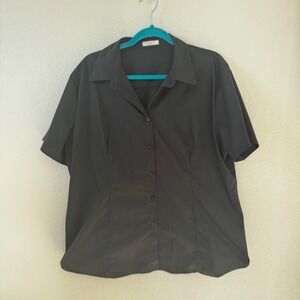 HT Black‎ Short Sleeve Collared Button Up Shirt Women's Plus Size XXL